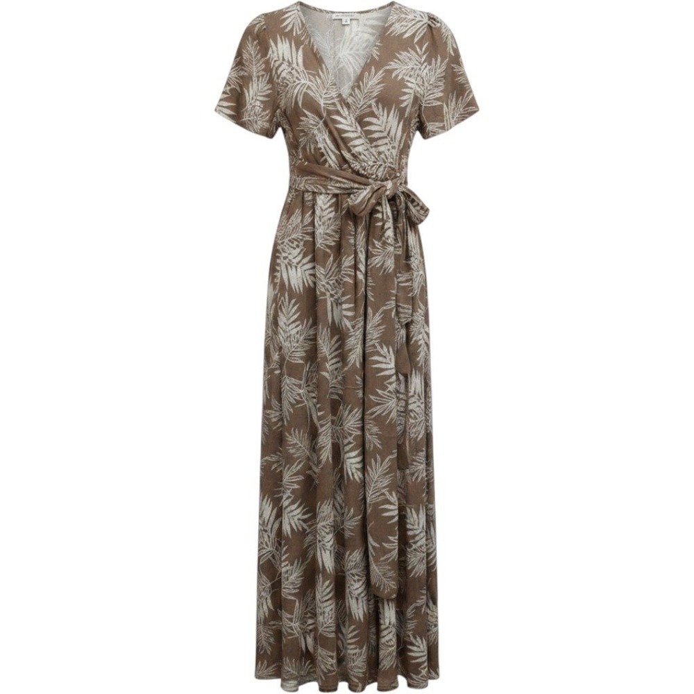 One The Land Tan White Tropical‎ Palm Leaf Wrap Maxi Dress Lg /#26321